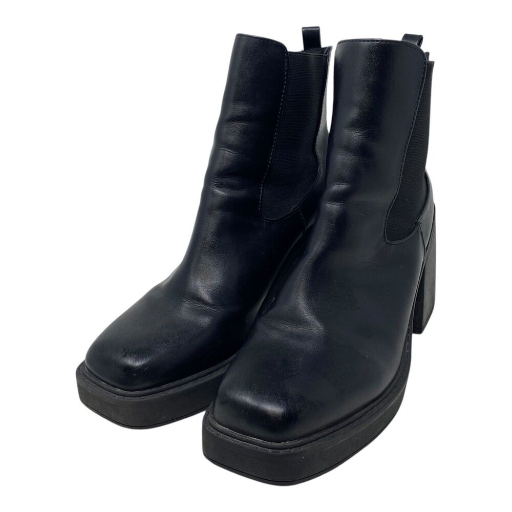 Vintage 90s Y2K Leather Chunky Square Toe Block Heel Boot Punk Goth Size 10
